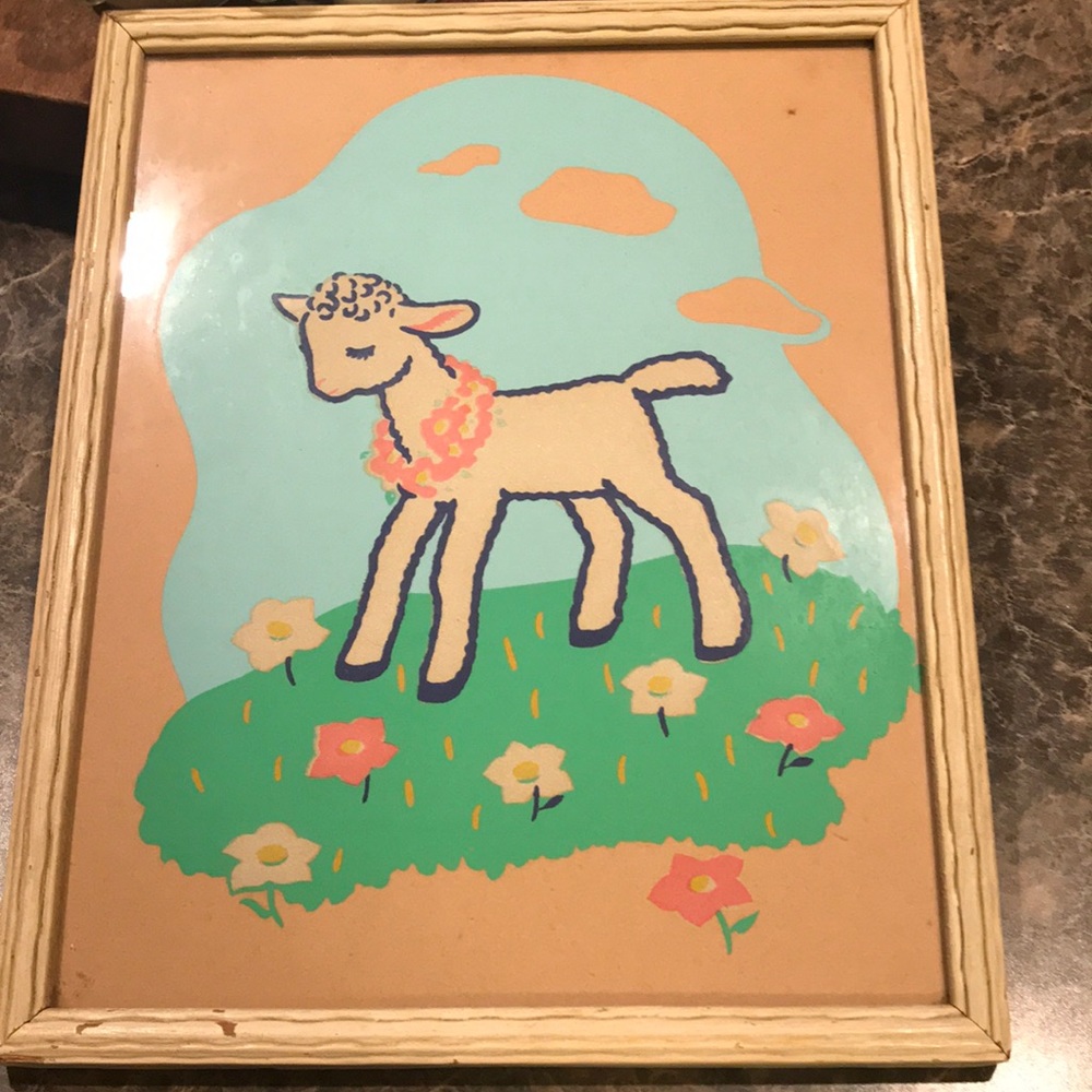 1943 Rare nursery picture of lamb/flowers, glows!